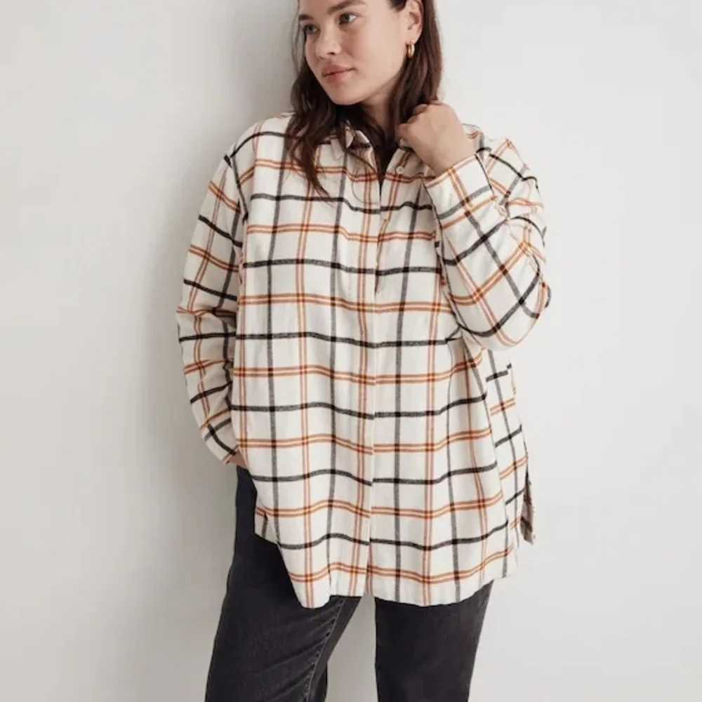 Madewell White and Orange Plaid Button-Down Shirt